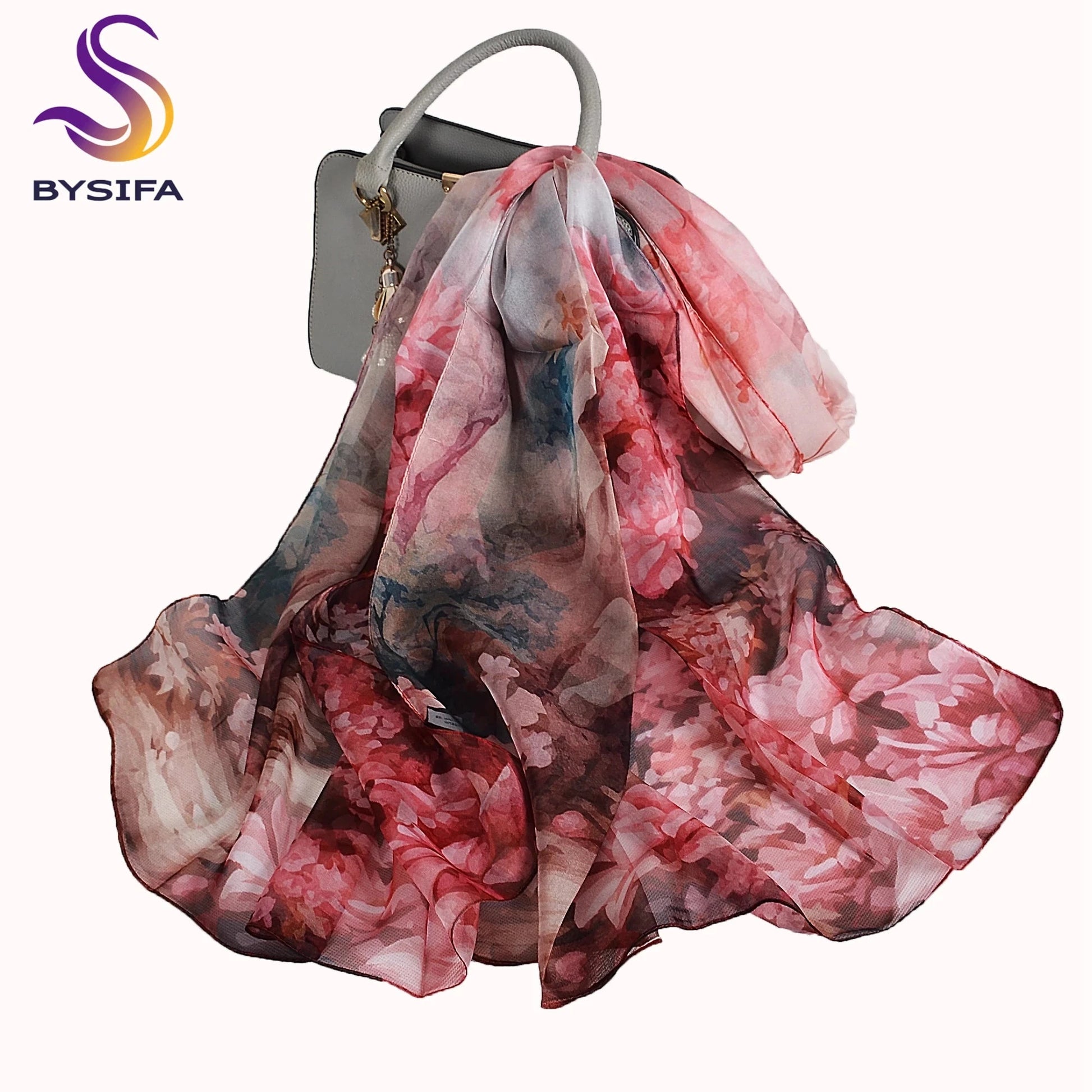 [BYSIFA] Women Chiffon Pure Silk Scarf Cherry Blossom Floral Design Long 100% Silk Shawl Scarf Purple Pink Silk Scarves Echarpes