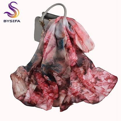 [BYSIFA] Women Chiffon Pure Silk Scarf Cherry Blossom Floral Design Long 100% Silk Shawl Scarf Purple Pink Silk Scarves Echarpes