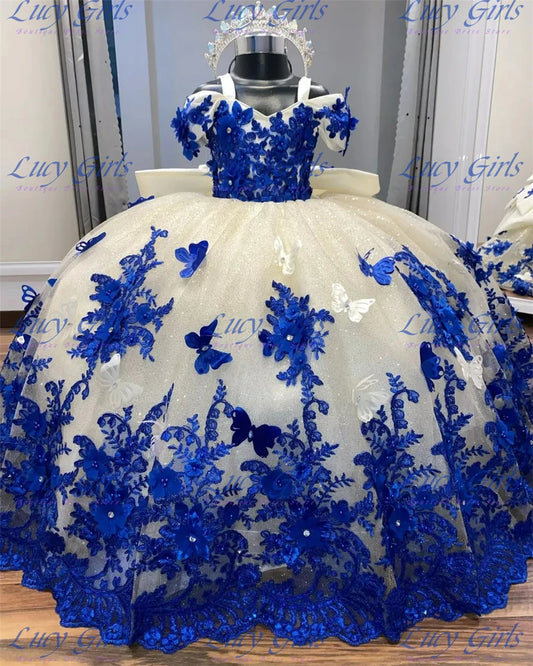 Gorgeous Quality Flower Girl Dress Tulle Fluffy With Exquisite Blue Applique Wedding Dresses Little Girls Birthday Party Gowns