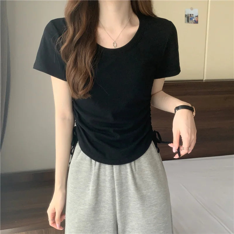 Drawstring Short Sleeve T-shirt Women Spring Summer Spicy Style Slim Fit Short Unique Top M L Xl 2XL Korean Casual Style - AMULET RING STORE