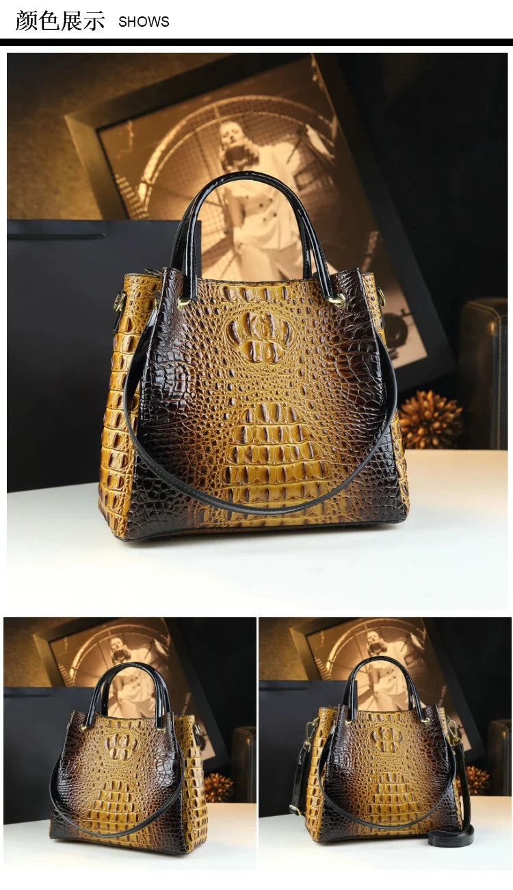 Genuine Leather Women Handbags New Tote Bag Fashion Crocodile Print Bucket Bag Retro Shoulder Messenger Bags Trend 2025