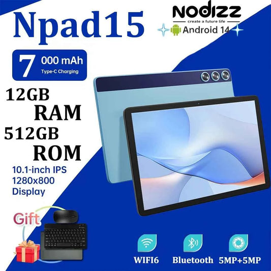 Npad15 Tablet 10.1'' FHD 12GB RAM+512GB ROM MTK6735 Core 1280*800 Display Android 14 5G WIFI 7000mAh Dual Camera Type-C Tablets