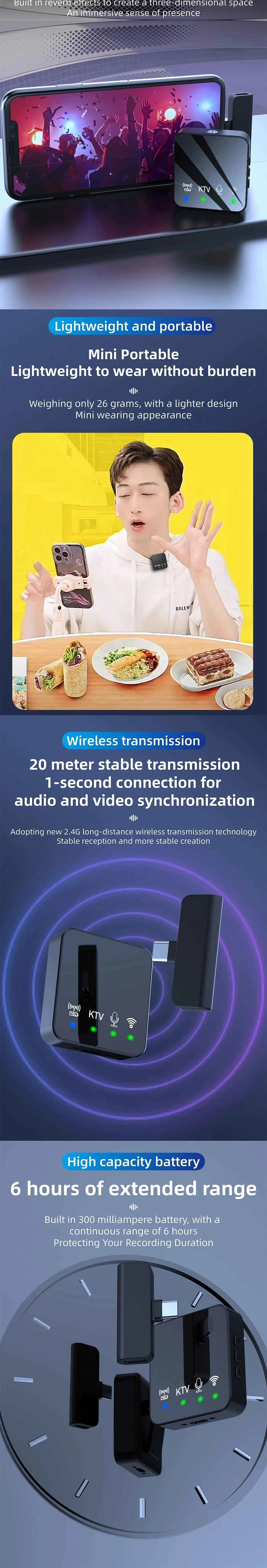 Wireless Lavalier Microphone Portable Audio Video Recording Mini Mic for iPhone Android Phone Outdoor Live Broadcast K Song Mic