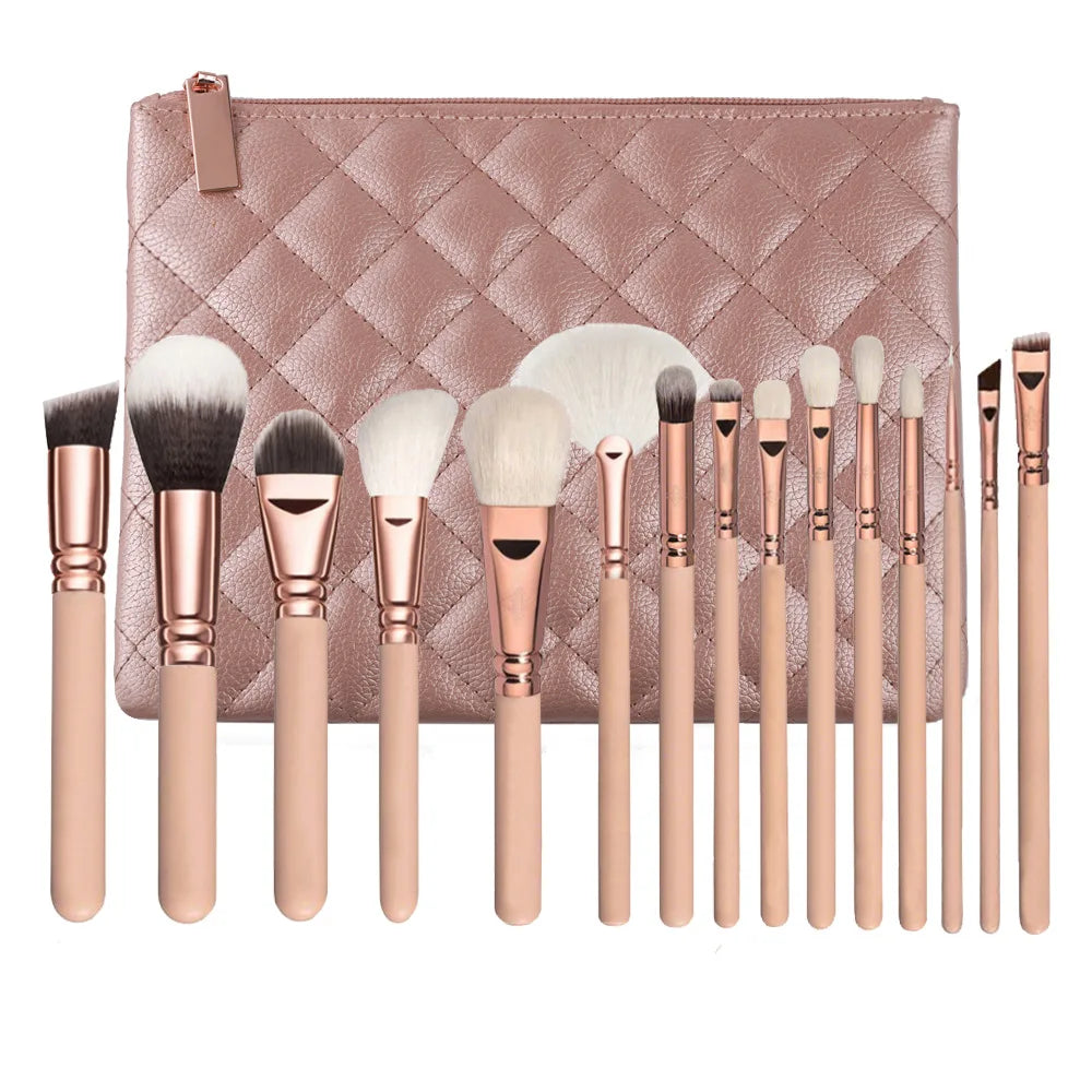 New Cangzhou15Pink Plaid Makeup Brush Set Rose Gold Wooden Handle Makeup Tools - AMULET RING STORE