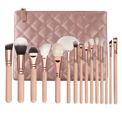New Cangzhou15Pink Plaid Makeup Brush Set Rose Gold Wooden Handle Makeup Tools - AMULET RING STORE