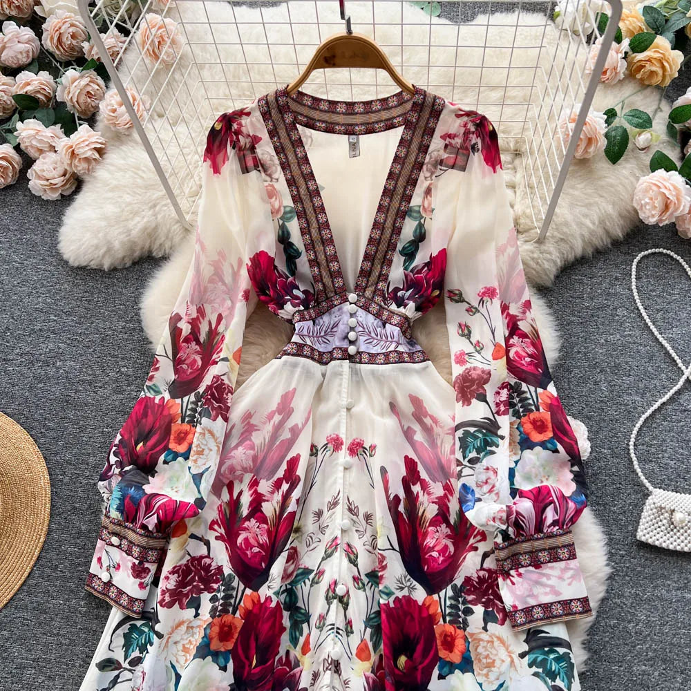 Women Deep V-Neck Bohemian Style Dress Spring Summer Runway Long Sleeve Casual Floral Print Ruffles Sweet Cascading Vestidos