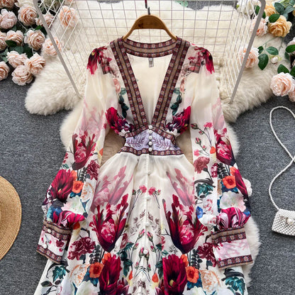 Women Deep V-Neck Bohemian Style Dress Spring Summer Runway Long Sleeve Casual Floral Print Ruffles Sweet Cascading Vestidos