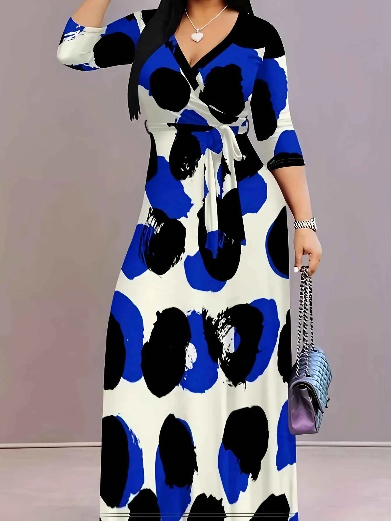 Casual Graphic Print V Neck Half Sleeve Floor Length Belted Maxi Resort Dress