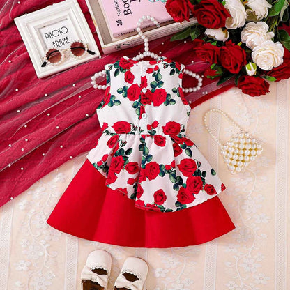 Girls Rose Print Dress Sleeveless Design Big Red Bow Sweet Princess Skirt Children's Clothing Kids' Dresses