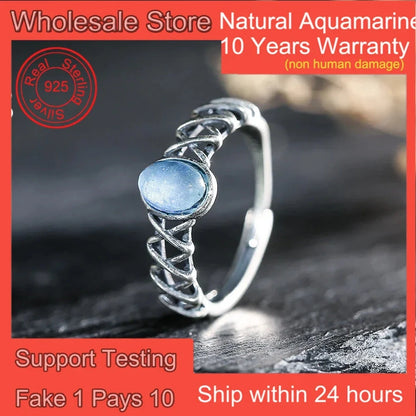 7*5mm Natural Aquamarine 925 Sterling Silver Women's Ring Handmade Adjustable Open Bands Vintage Boho Jewelry Gifts - AMULET RING STORE