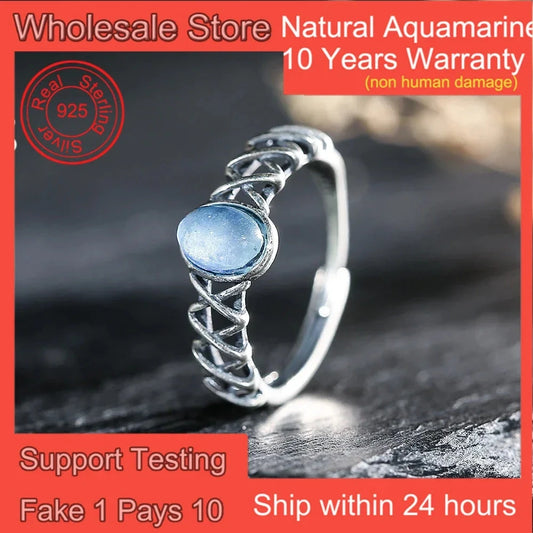 7*5mm Natural Aquamarine 925 Sterling Silver Women's Ring Handmade Adjustable Open Bands Vintage Boho Jewelry Gifts - AMULET RING STORE