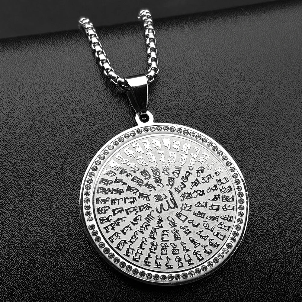 Allah Quran Arabic Letter Rhinestones Pendant Necklaces for Women Men Stainless Steel Gold Color Islam Muslim Chains Jewelry