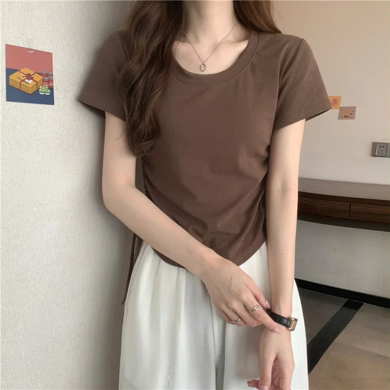 Drawstring Short Sleeve T-shirt Women Spring Summer Spicy Style Slim Fit Short Unique Top M L Xl 2XL Korean Casual Style - AMULET RING STORE