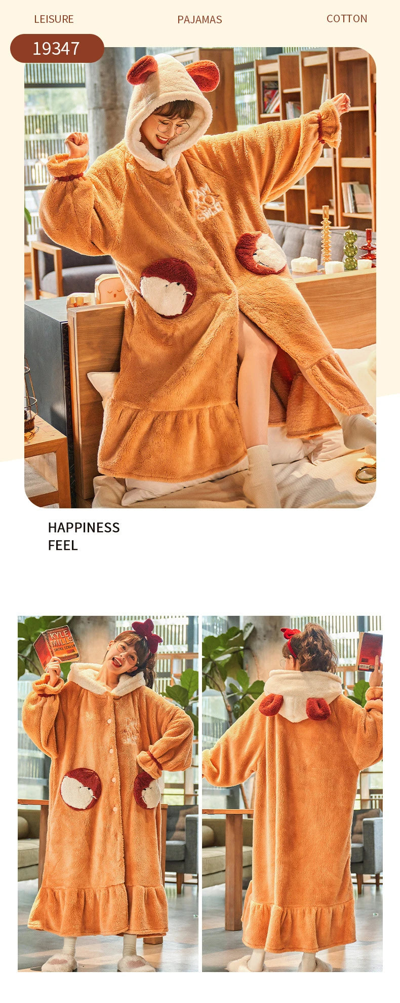 2024 Winter Pajamas For Women Cartoon Hooded Long Robe Strawberry Jacket Cute Home Wear Sleepwear Kawaii Flannel Warm Bathrobe - AMULET RING STORE