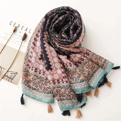 2025 Luxury Retro Bohemian Floral Women Viscose Scarf Designer Shawl Cotton Linen Feeling Tassel Pashmina Muslim Hijab Wrap