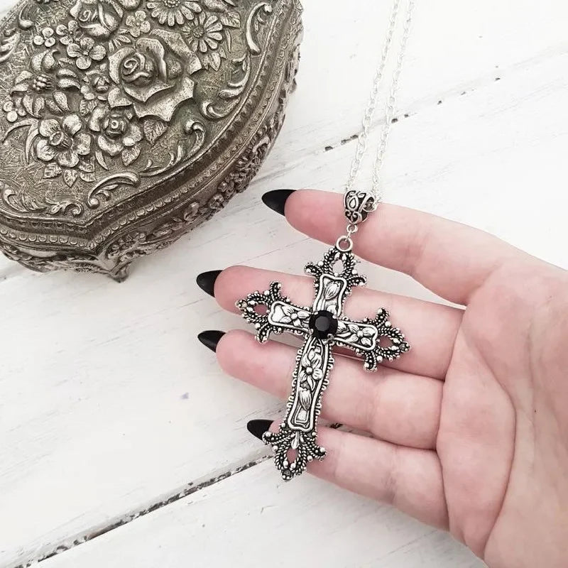 Large Detailed Cross Black Drill Jewel Necklace Silver Color Tone Pendant Goth Punk Jewellery Fashion Charm Statement Women Gift - AMULET RING STORE