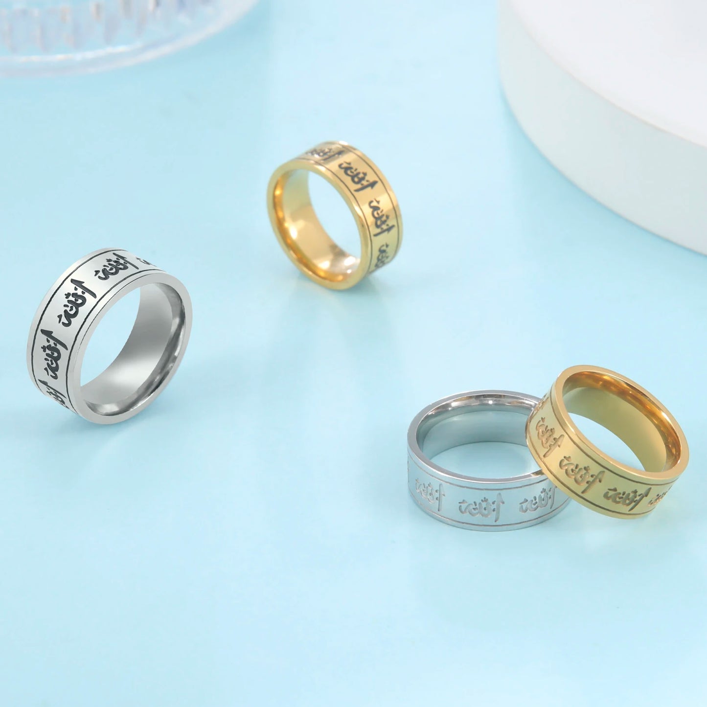 Jeshayuan Quran Rings Muslim Islamic Halal Ring Arabic God Stainless Steel 8mm Wide Religious Allah Ring For Men