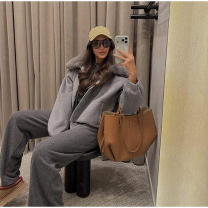 Solid Twill Denim Jacket Women Chic Patchwork Fur Collar Lapel Full Sleeve Zipper Pockets Loose Coat Lady Commute Street Wear