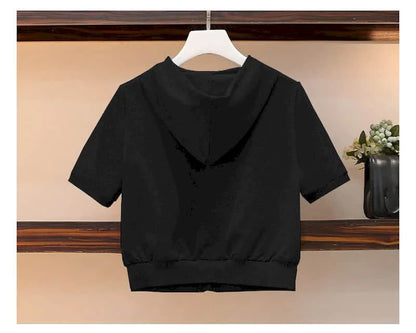 Womens T Shirts Sets Fashion Short Hooded Sports Casual Suits 2024 Summer Trend Slim Short Sleeve Tops Sweatpants Two Piece Set - AMULET RING STORE