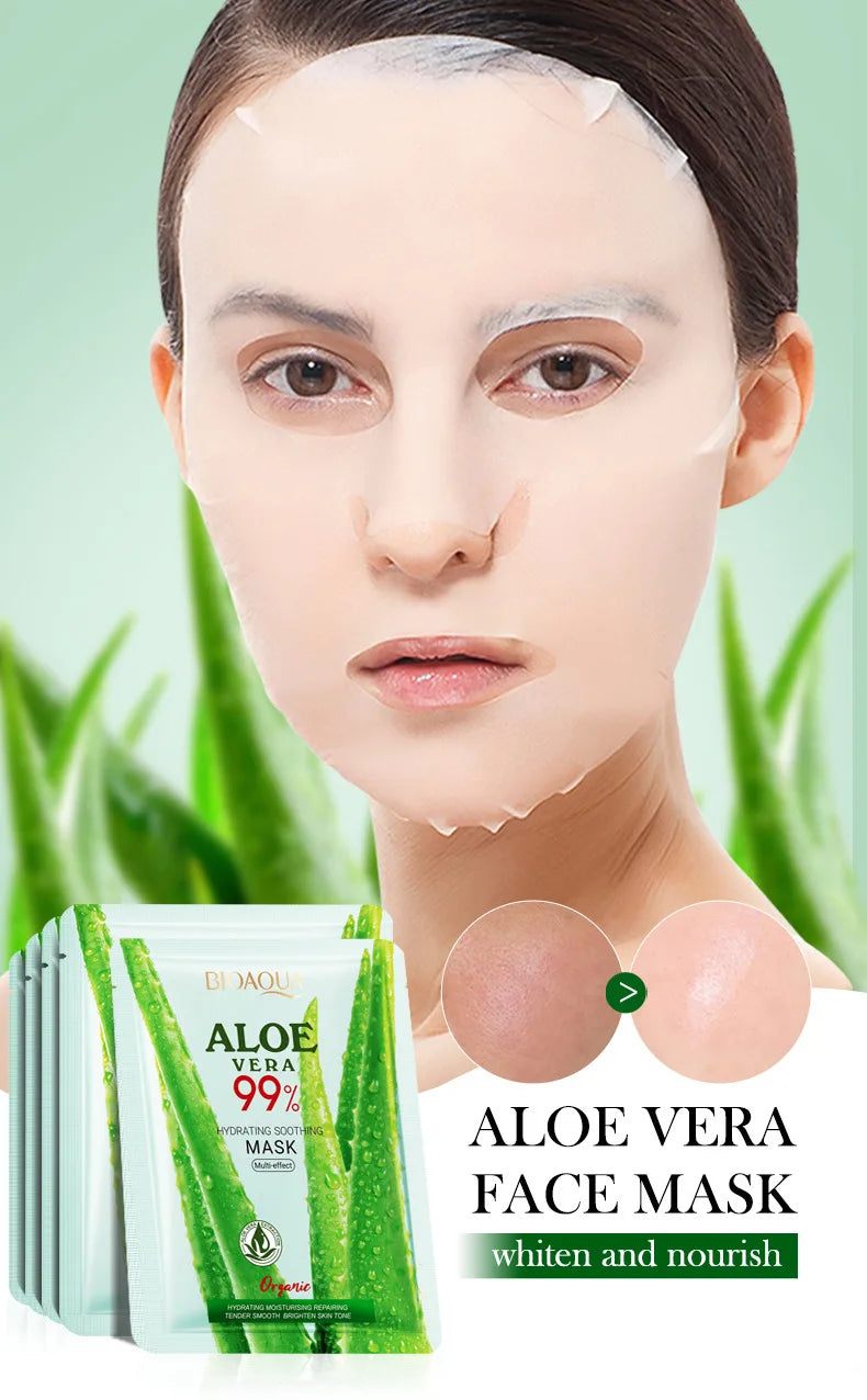 5/10pcs BIOAQUA Aloe Vera Moisturizing Facial Masks for Face Skin Soothing Brightening Firming Hydrating Facial Masks Skin Care - AMULET RING STORE