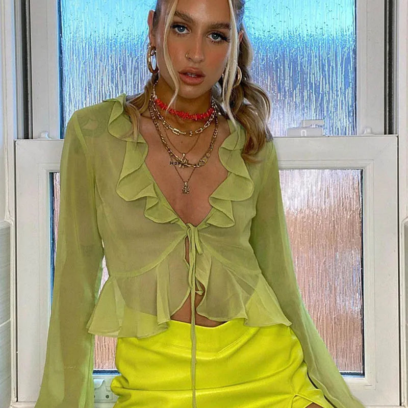 Vintage 90s Streetwear Ruffles Trim Green Chiffon T-shirts Y2K Fashion Sexy Deep V Lace Up Long Sleeve Tops Transparent - AMULET RING STORE