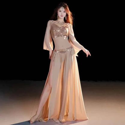 Belly Dancing Wear Outfit for Women Mesh Long Sleeves Top+gauze Long Skirt 2pcs Training Set Oriental Belly Dance Costume Set