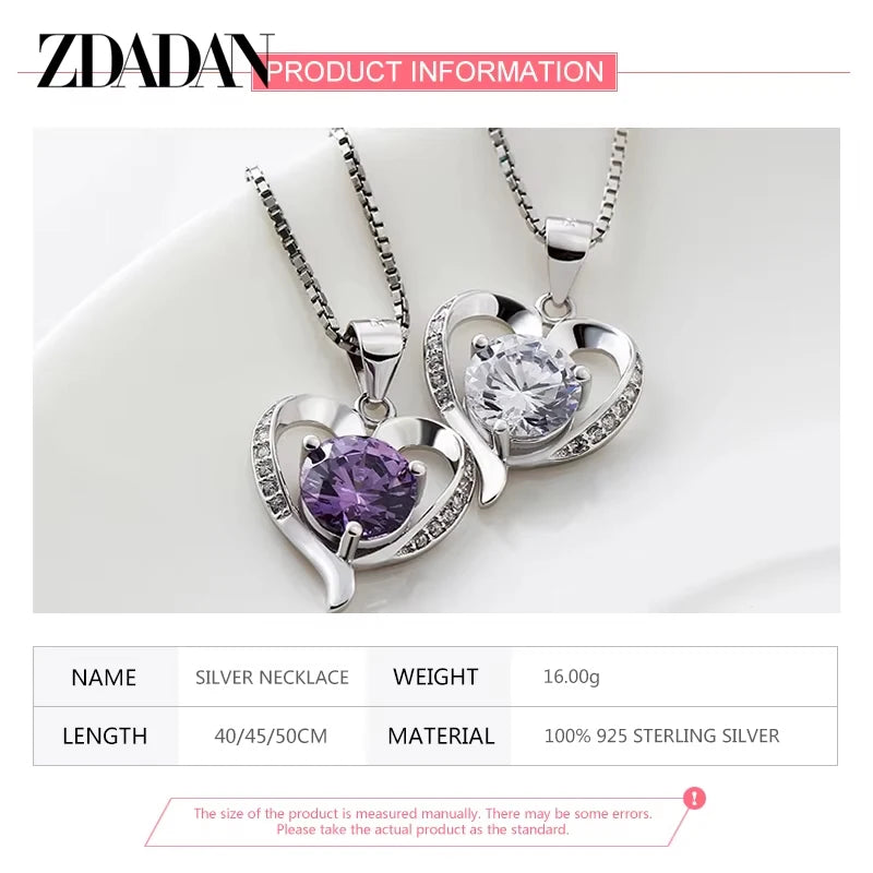 ZDADAN 925 Sterling Silver Heart Crystal Necklace For Women Fashion Jewelry Accessories