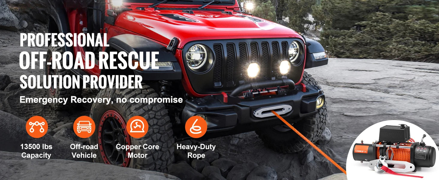 VEVOR 13500lbs Electric Winch Car Truck Winch with 80ft Synthetic Rope Wireless & Wired Remote Control for Towing Off-Road SUV - AMULET RING STORE
