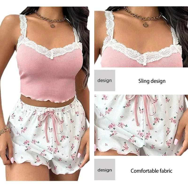 Women's Two-Piece Summer Ribbed Knitted Flower Print Lace Trimmed Camisole Vest and Bow Shorts Sexy Pajama Set - AMULET RING STORE