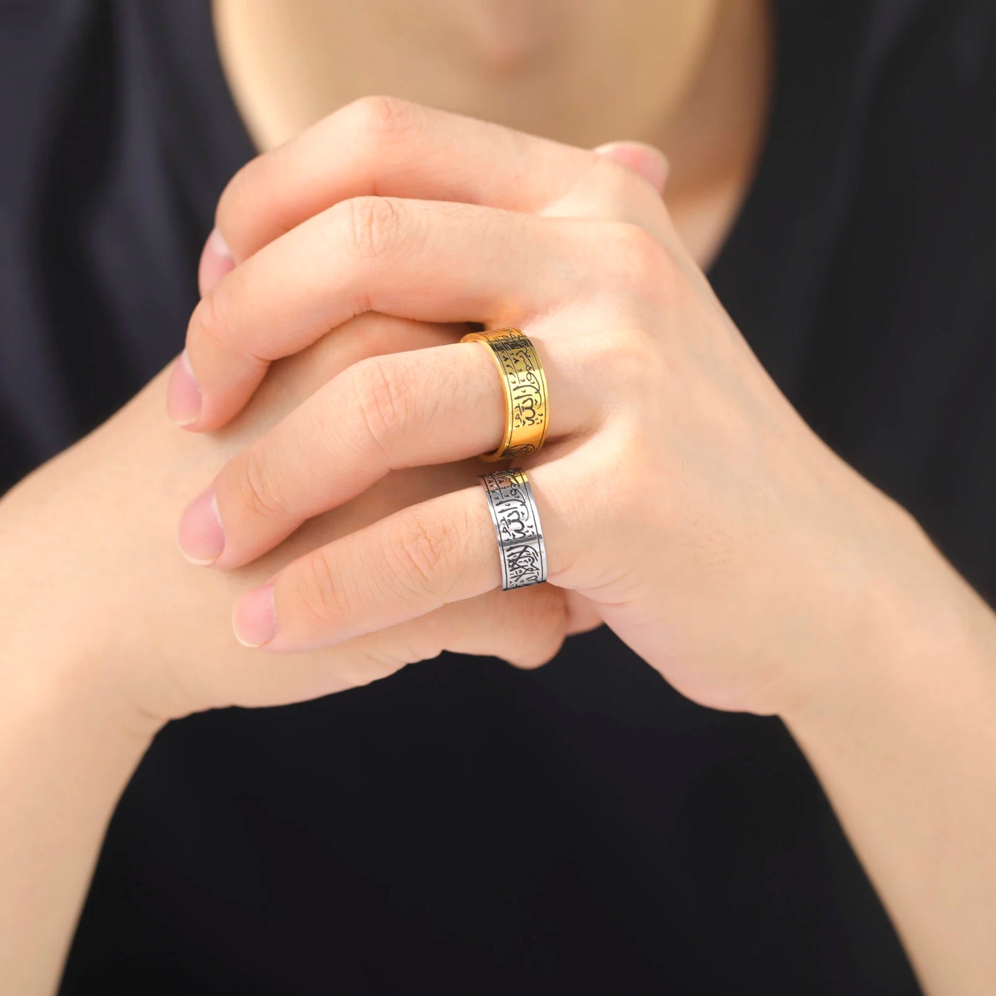 Jeshayuan Quran Rings Muslim Islamic Halal Ring Arabic God Stainless Steel 8mm Wide Religious Allah Ring For Men