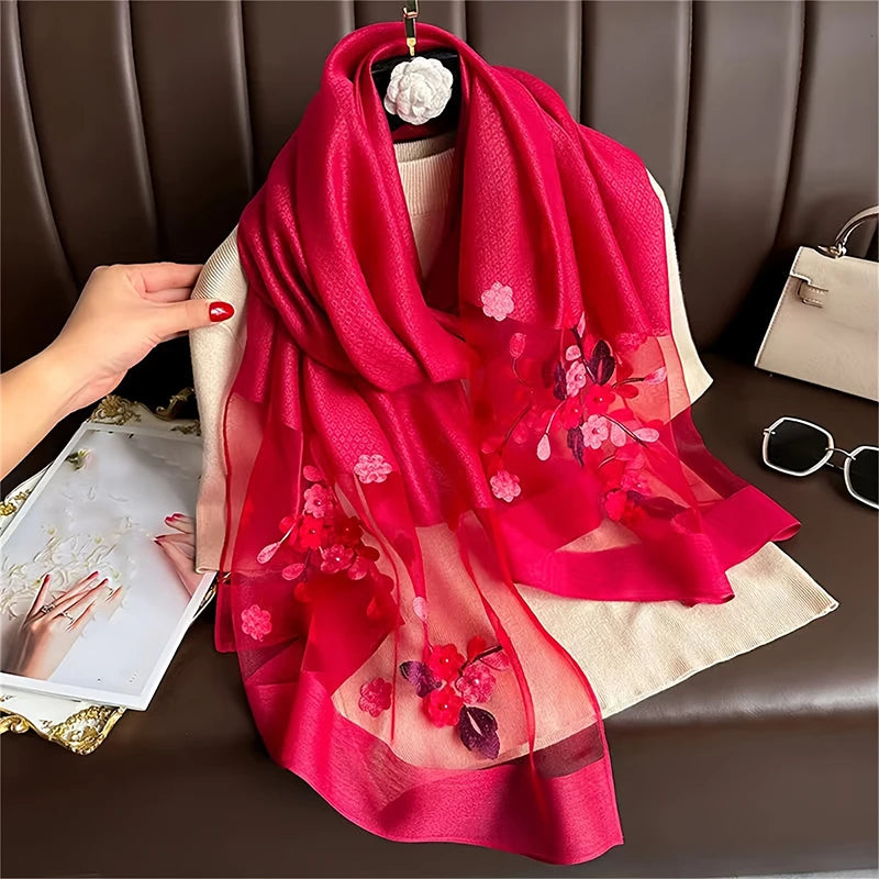 Women Silk Wool Scarf Floral Embroidery Hijab Female Foulard Spring Summer Thin Pashmina Shawls Wraps Bufanda Headscarf Stoles - AMULET RING STORE