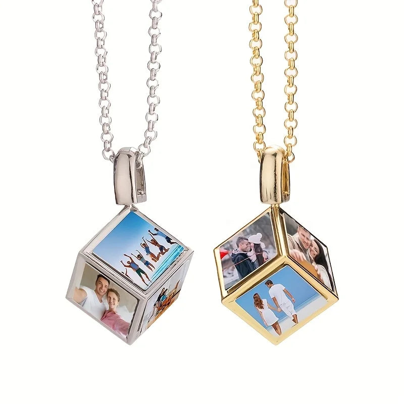 Custom 6 Pictures Fashion 6 faces Cube Necklace Pendant Unique, Gift for Father's Mother's Day Birthday Valentine's Day Wedding