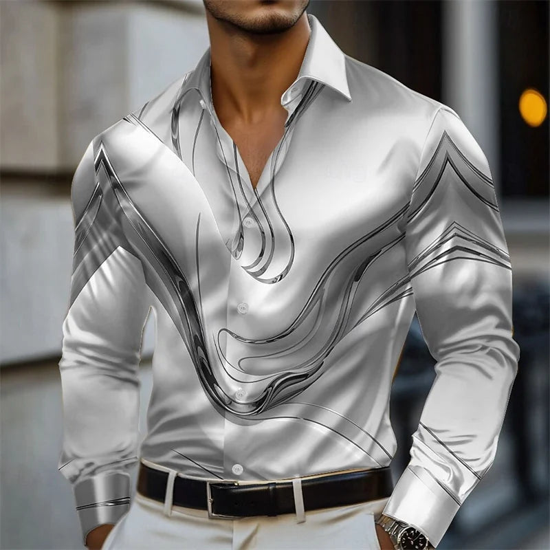 Men's Abstract Liquid Art Satin Shirt Fashion Casual Vacation Summer Spring Autumn Lapel Long Sleeve Shirt Pink Blue Gold Green