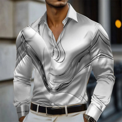 Men's Abstract Liquid Art Satin Shirt Fashion Casual Vacation Summer Spring Autumn Lapel Long Sleeve Shirt Pink Blue Gold Green