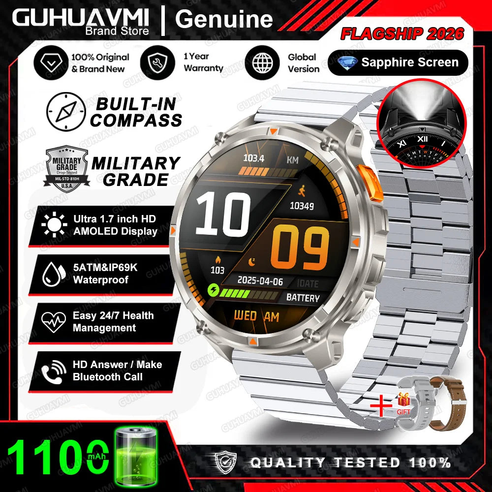New Military T-Rex3 Ultra 1100mAh Battery Smart Watch 5 ATM Waterproof 1.7"AOD Compass GPS Sports tracker Outdoors Smartwatches