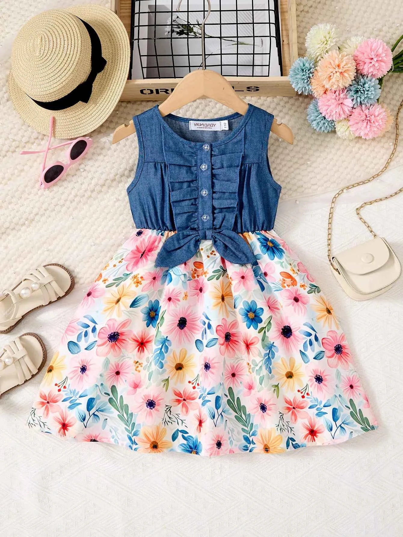 New Kids Girl Dress Summer Floral with Bow Fashion White Vestidos Short Sleeve Children Clothing Outfits Casual Printed  Dresses