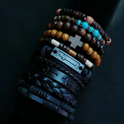 Khaki Tree 10 Pcs/set Black Wrap Woven Fashion Handmade Men Bracelets Male Women Leather Bracelets Men Bangle Wholesale Jewelry