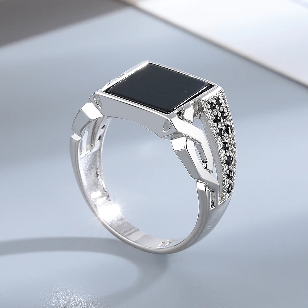 Silver Jewelry Ring Natural Oval Rectangle Big Black Agate Stone Vintage Ring For Women Party Anniversary Gifts Fine Jewelry