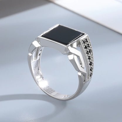 Silver Jewelry Ring Natural Oval Rectangle Big Black Agate Stone Vintage Ring For Women Party Anniversary Gifts Fine Jewelry