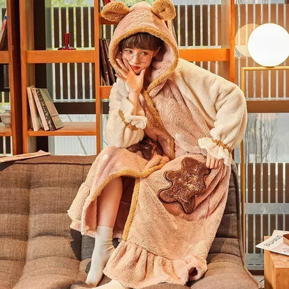 2024 Winter Pajamas For Women Cartoon Hooded Long Robe Strawberry Jacket Cute Home Wear Sleepwear Kawaii Flannel Warm Bathrobe - AMULET RING STORE