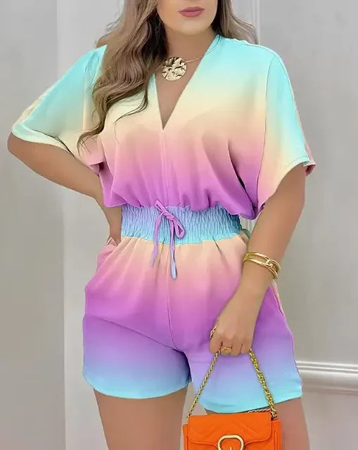 Summer Fashion Jumpsuit Women 2024 Batwing Sleeve Shirred Waist Casual Plain V-Neck Short Sleeve Above Knee Romper Streetwear - AMULET RING STORE