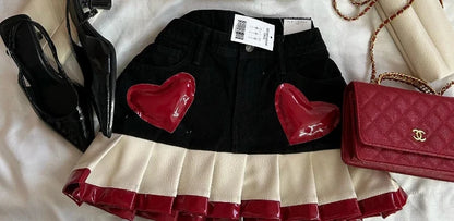 Y2K Women Streetwear Heart Shape Leather Outfit Two Piece Harajuku Gothic Jacket Cropped Denim Patchwork Pleated Mini Skirt Suit - AMULET RING STORE