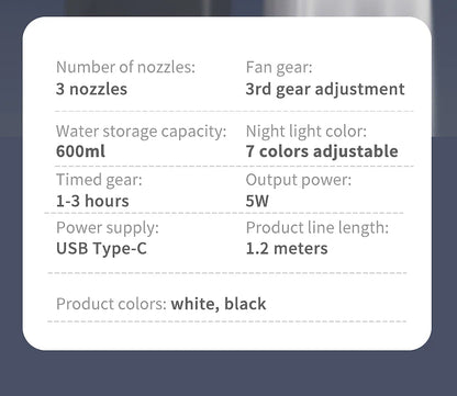 Portable air conditioning fan household 5000 mA desk humidifier small fan office three hole spray fan with color night light