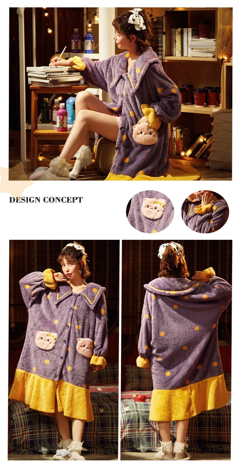 2024 Winter Pajamas For Women Cartoon Hooded Long Robe Strawberry Jacket Cute Home Wear Sleepwear Kawaii Flannel Warm Bathrobe - AMULET RING STORE