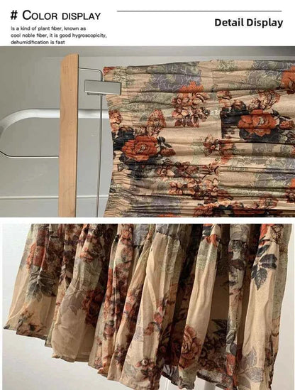 Retro Floral Pleated to Ankle f Skirt Women's Draped High Waist Midi A-Line Skirt Polyester Fiber Spring Season