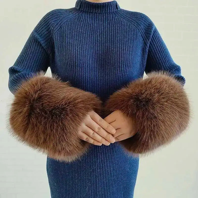 Large Winter Faux Fox Fur Scarf Women Jackets Warm Fluffy Shawl Fashion Artificial Fur Collar And Cuff Set Fluffy Scarves Female