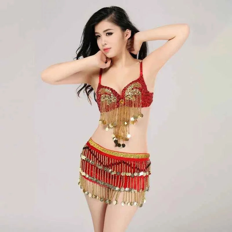 Women's Sexy Belly Dance Suit Charming Pole Dancewear Sequins Tassel Bra With Mini Skirt Stage Performance Costume