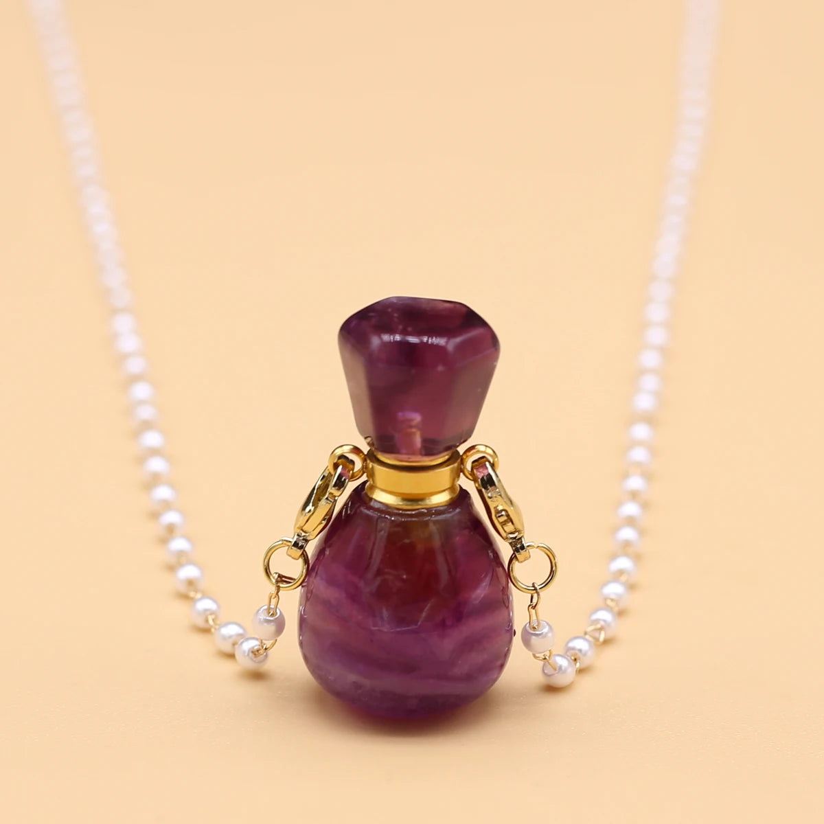 Natural Amethysts Perfume Bottle Pendant Necklace Pearl Chains Essential Oil Diffuser Agates Pendant Necklace For Women Jewerly - AMULET RING STORE