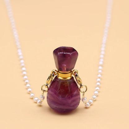 Natural Amethysts Perfume Bottle Pendant Necklace Pearl Chains Essential Oil Diffuser Agates Pendant Necklace For Women Jewerly - AMULET RING STORE