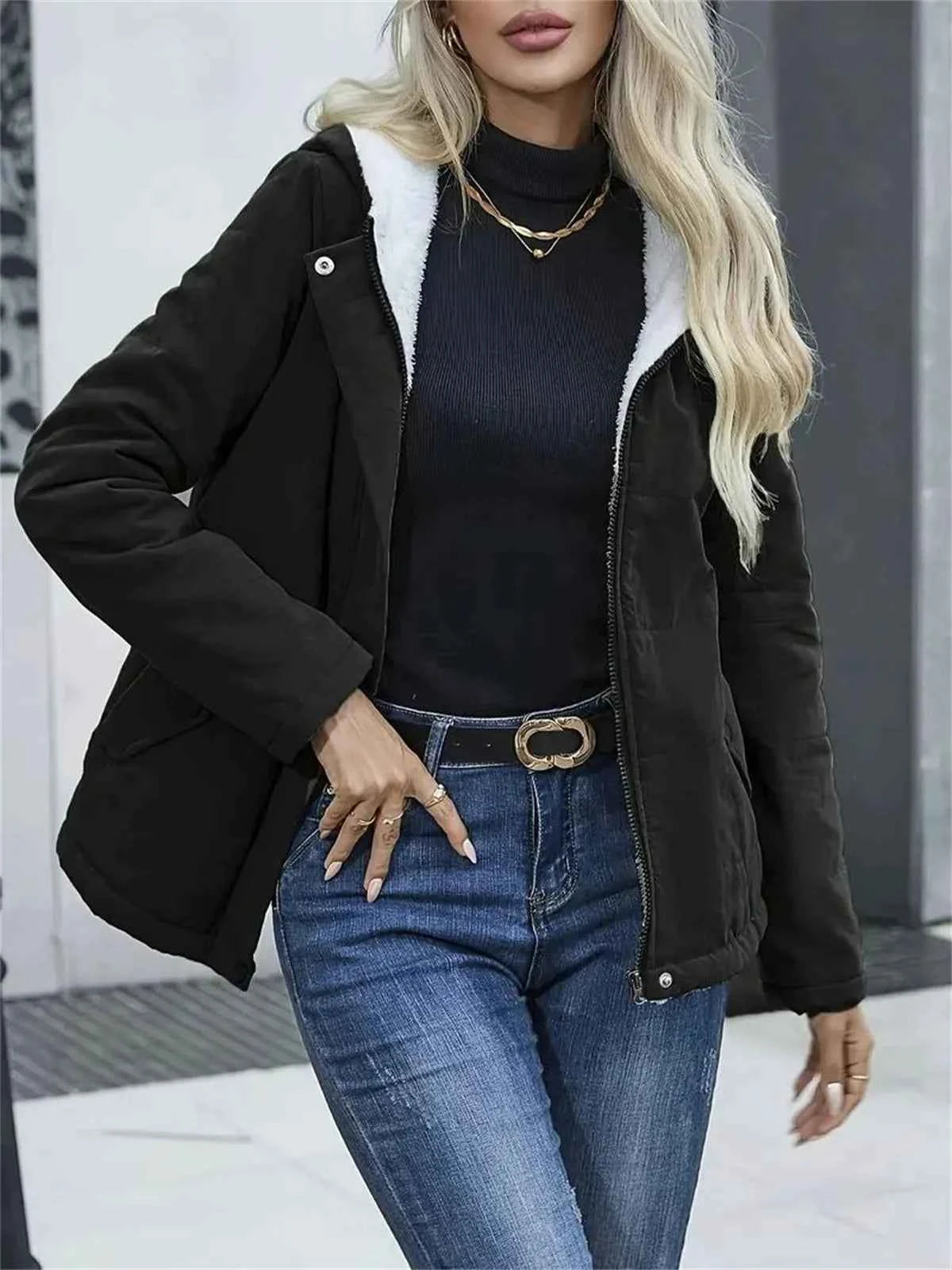 Women Autumn Winter Padded Coat Zip Up Long Sleeve Korean Hooded Jacket Fashion Solid Warm Clothes Casual Outfit Coats Street